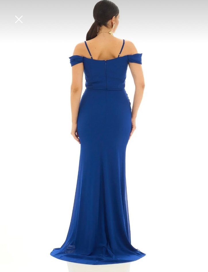 Drapeli Saks Mavisi Uzun Abiye Elbise - Görsel 2