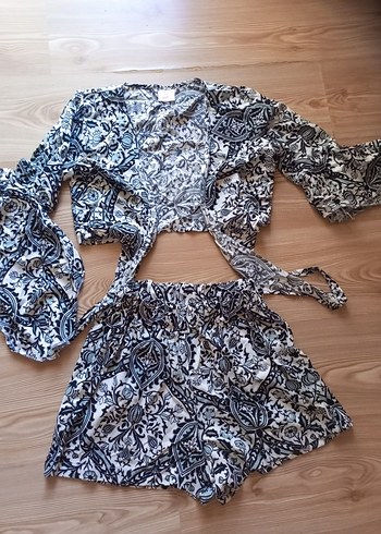 Gri Desenli Bohem M beden uyumlu Kimono Takım
