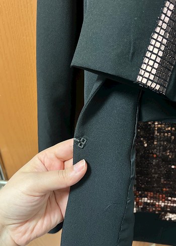 Kadın Siyah Ceket, bluz, Düz Kesim + payetli pantolon (takım) - Görsel 7