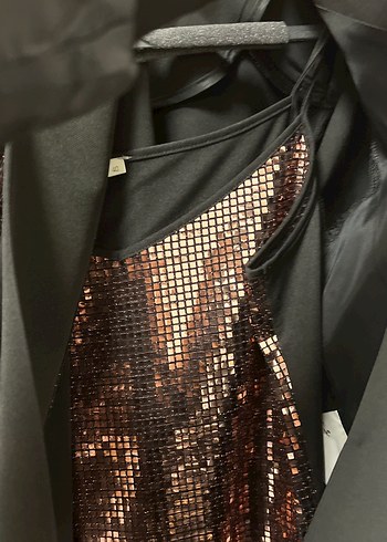 Kadın Siyah Ceket, bluz, Düz Kesim + payetli pantolon (takım) - Görsel 5