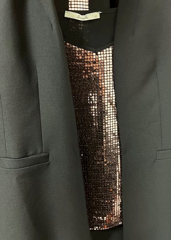 Kadın Siyah Ceket, bluz, Düz Kesim + payetli pantolon (takım) - Görsel 4