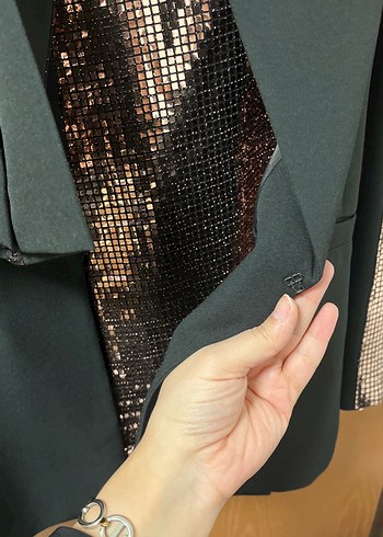 Kadın Siyah Ceket, bluz, Düz Kesim + payetli pantolon (takım) - Görsel 6