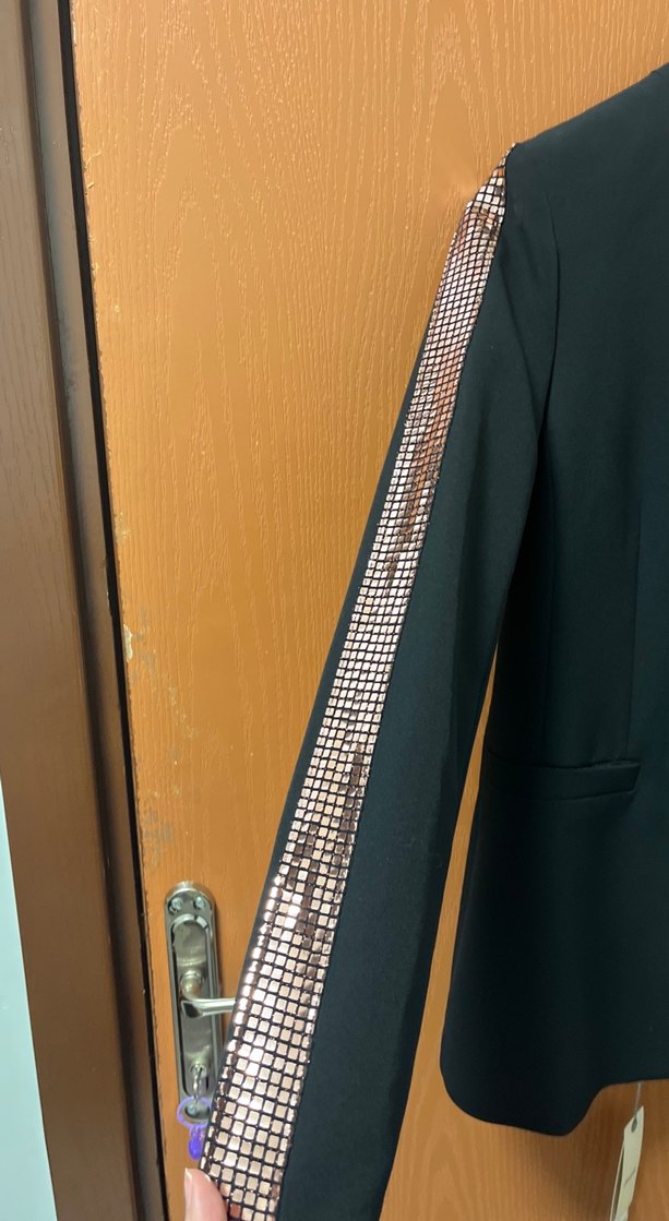 Kadın Siyah Ceket, bluz, Düz Kesim + payetli pantolon (takım) - Görsel 2