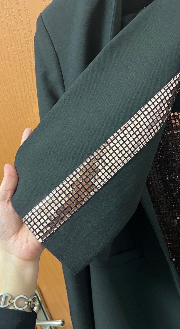 Kadın Siyah Ceket, bluz, Düz Kesim + payetli pantolon (takım) - Görsel 3