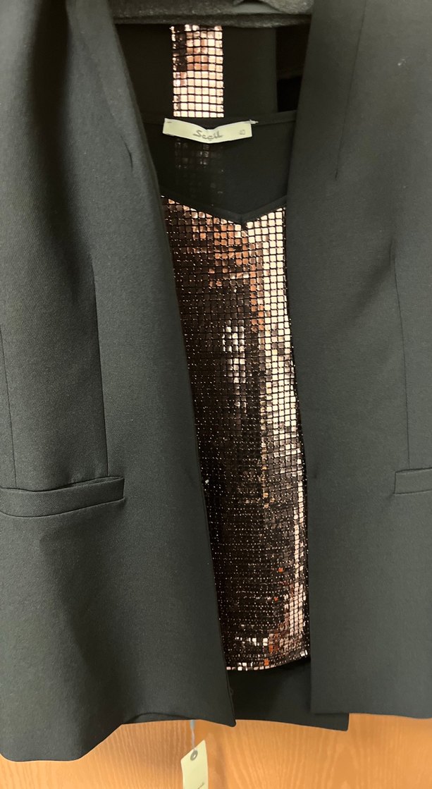 Kadın Siyah Ceket, bluz, Düz Kesim + payetli pantolon (takım) - Görsel 4