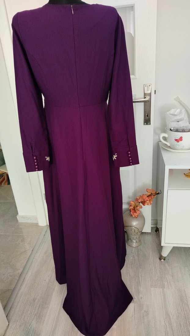 42 beden Uzun Mor İşlemeli Kadın Abiye - Görsel 5