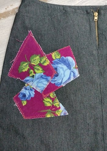 Diğer S beden Nakışlı Gri Denim Mini Etek