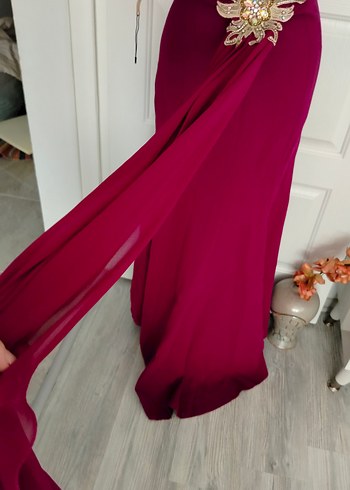 36 beden abiyeBordo V Yakalı İşlemeli Uzun Abiye Elbise - Görsel 2