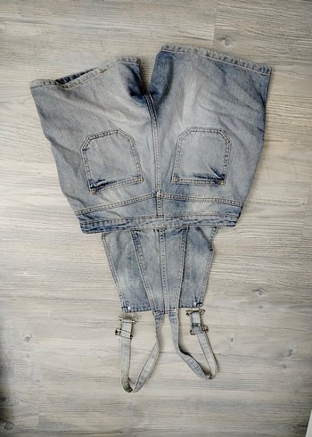 38,beden   Gri Kadın Denim Kısa Salopet - Görsel 3