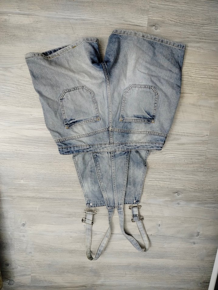 38,beden   Gri Kadın Denim Kısa Salopet - Görsel 3