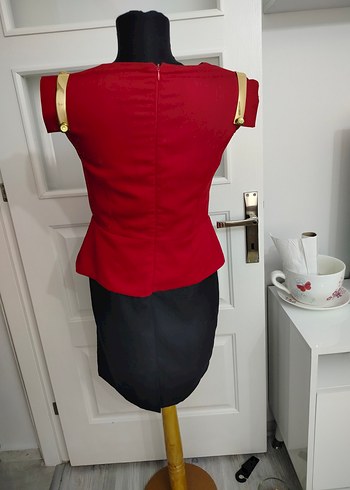 40 beden Elbise Kemer Detaylı Kırmızı Mini Ofis Elbisesi - Görsel 4