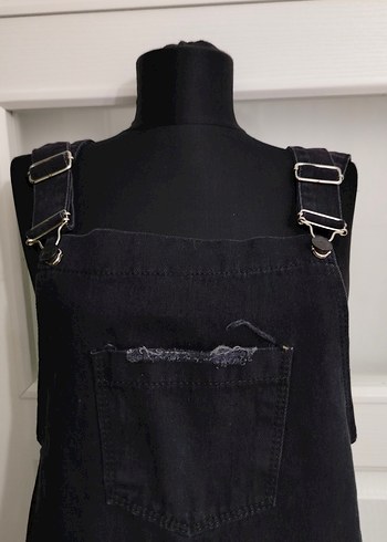 L beden Siyah Kot Midi Askılı Elbise - Görsel 2