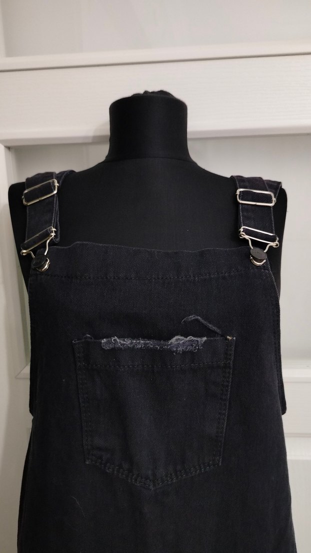 L beden Siyah Kot Midi Askılı Elbise - Görsel 2