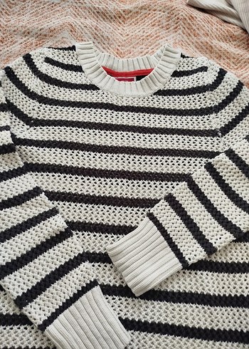 Gri Çizgili Triko Kadın Kazak - Görsel 2