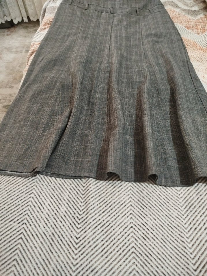 Gri Uzun Keten Piliseli Kadın Etek - Görsel 2