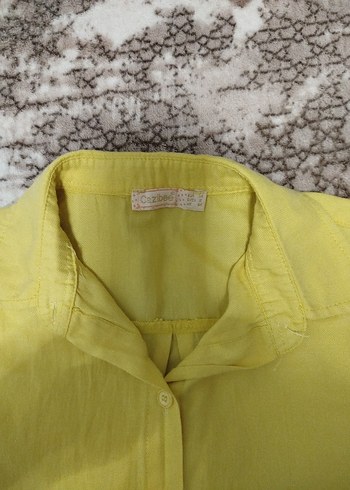 Sarı Kısa Kollu Keten Gömlek - Görsel 4