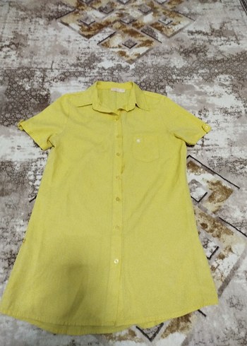 Sarı Kısa Kollu Keten Gömlek - Görsel 3