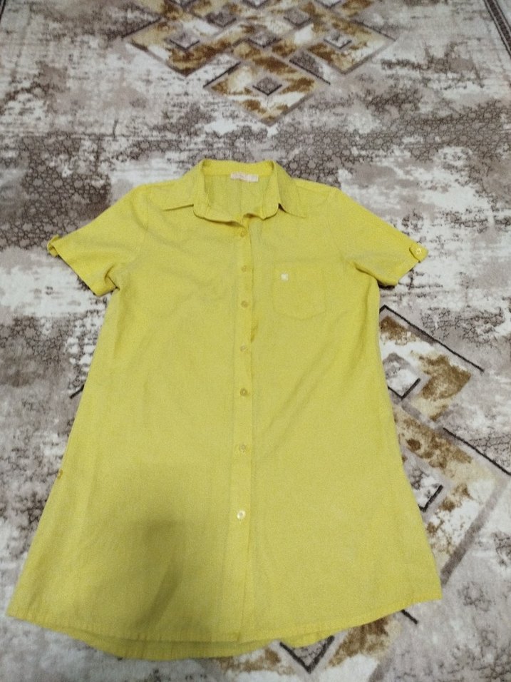 Sarı Kısa Kollu Keten Gömlek - Görsel 3