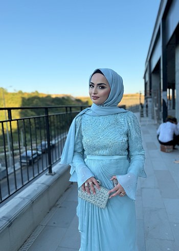 Uzun Kollu Su Yeşili Drapeli Abiye Elbise