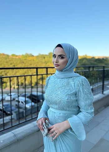 Zühre Uzun Kollu Su Yeşili Drapeli Abiye Elbise