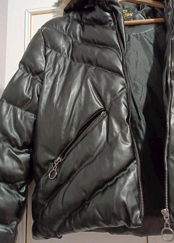 Kürk Detaylı Siyah Deri Kadın Kışlık Ceket - Görsel 3