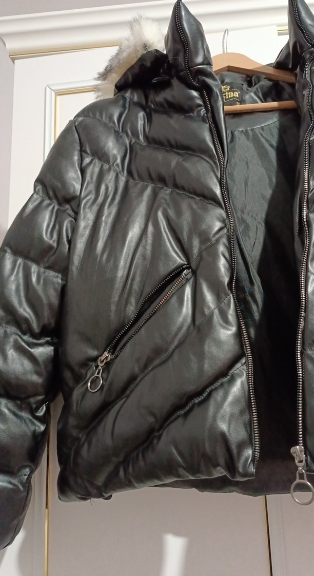 Kürk Detaylı Siyah Deri Kadın Kışlık Ceket - Görsel 3