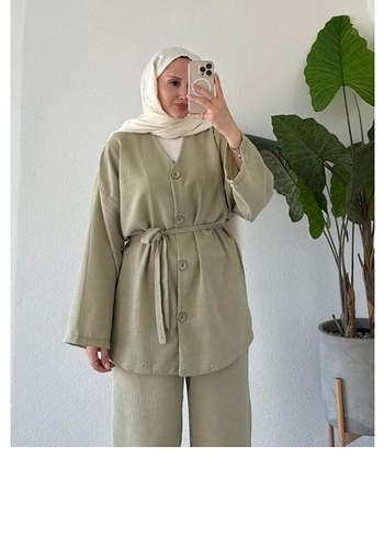 l Beden haki Renk Kuşaklı Uzun Kesim Kadın Keten Kimono
