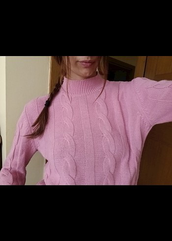 Pembe Yüksek Yakalı Örgü Kadın Kazak
