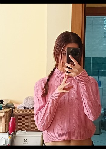 m Beden Pembe Yüksek Yakalı Örgü Kadın Kazak