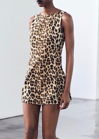 Zara Kahverengi Leopar Desenli Mini Deri Elbise