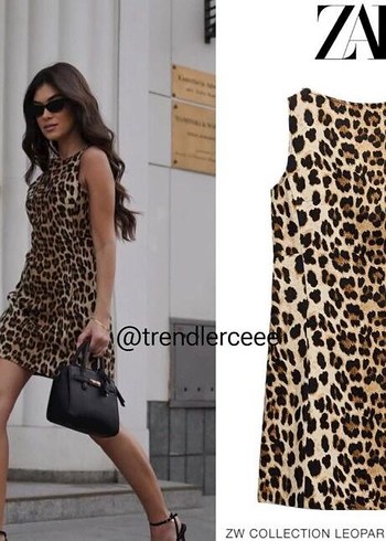 Kahverengi Leopar Desenli Mini Deri Elbise
