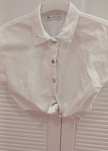 Düğmeli Kısa Kollu Beyaz Kot kumaş jean crop Gömlek - Görsel 4