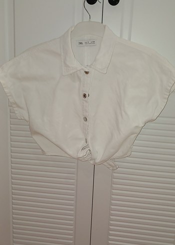 Düğmeli Kısa Kollu Beyaz Kot kumaş jean crop Gömlek - Görsel 2