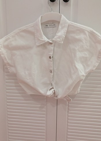 Düğmeli Kısa Kollu Beyaz Kot kumaş jean crop Gömlek - Görsel 3