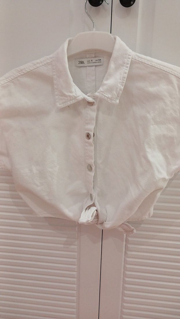 Düğmeli Kısa Kollu Beyaz Kot kumaş jean crop Gömlek - Görsel 4