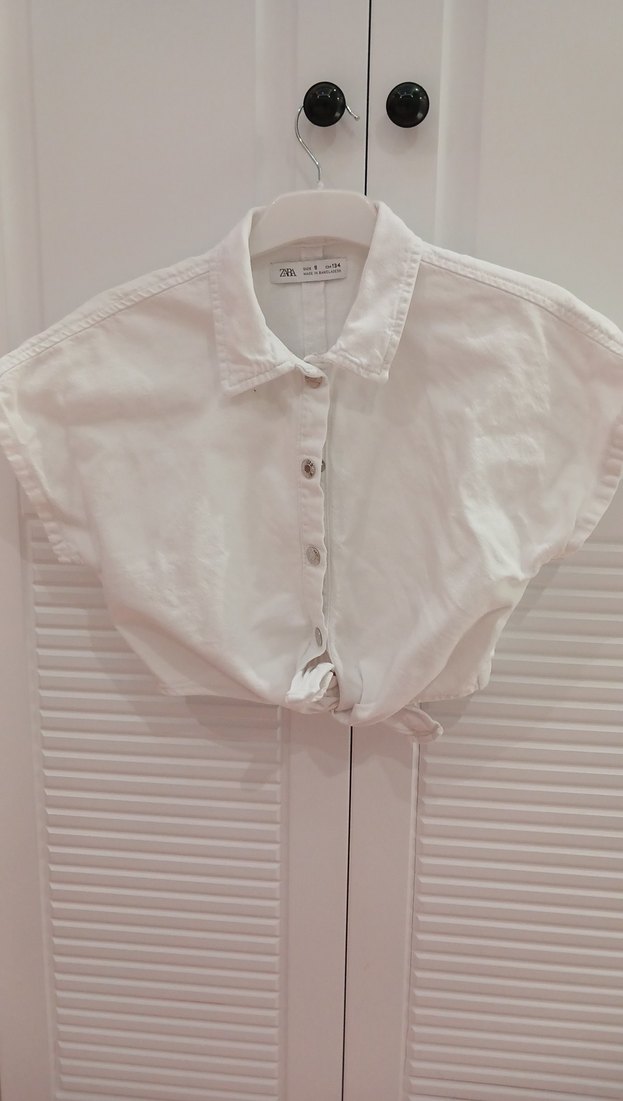 Düğmeli Kısa Kollu Beyaz Kot kumaş jean crop Gömlek - Görsel 3