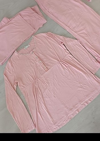 Pembe Uzun Kollu Kadın lohusa Pijama Takımı sabah 3 parça lohusa - Görsel 2