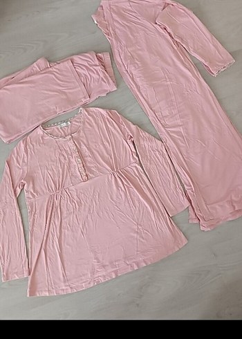 Pembe Uzun Kollu Kadın lohusa Pijama Takımı sabah 3 parça lohusa - Görsel 4