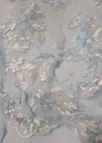42 Beden Mavi Nakışlı Uzun Kollu Drapeli Kadın Abiye 3 d çiçek detaylı