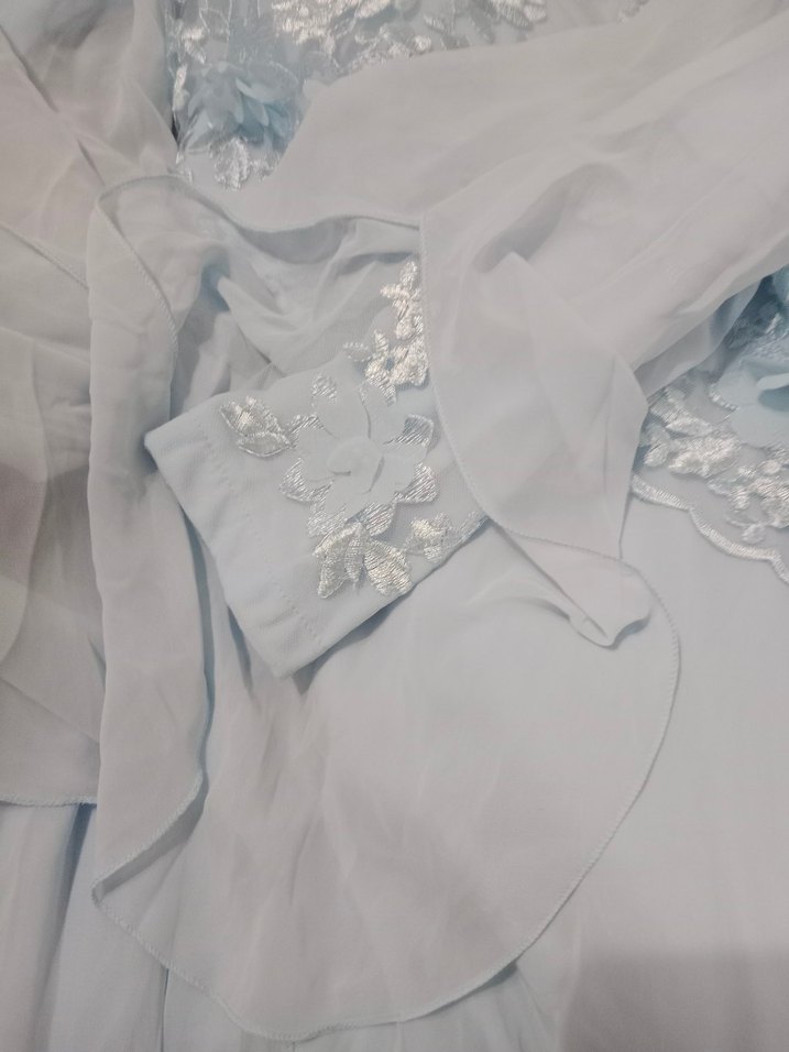 Mavi Nakışlı Uzun Kollu Drapeli Kadın Abiye 3 d çiçek detaylı - Görsel 4