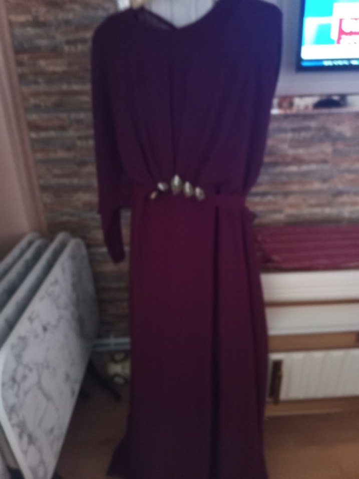 mor renkli pelerinli Uzun Abiye Elbise - Görsel 2