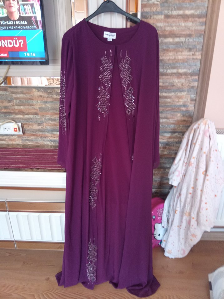 mor  Uzun Nakışlı Kadın Elbise - Görsel 2