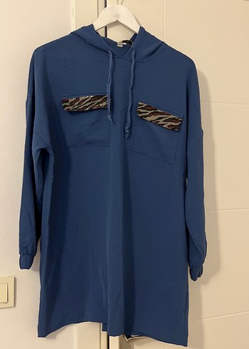 Kapüşonlu, Uzun Kollu Mavi Zebra Desenli Tunik