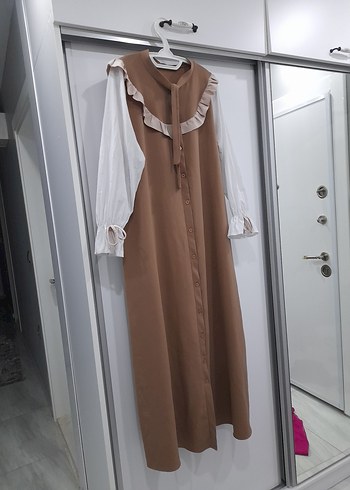 42 Beden camel Renk Düğmeli Camel Uzun Salaş Elbise 42 beden uzun elbıse