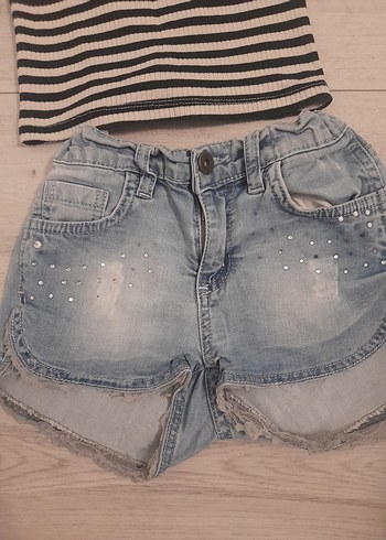 Kız Çocuk Mavi Denim Taşlı Şort omzu acık thşort - Görsel 2