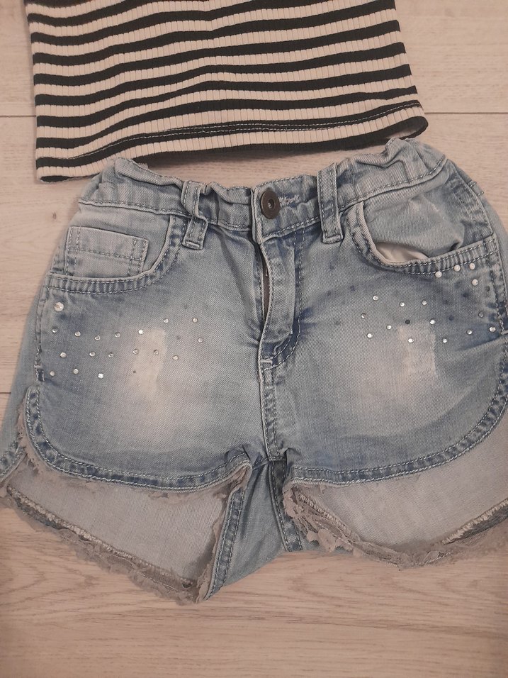 Kız Çocuk Mavi Denim Taşlı Şort omzu acık thşort - Görsel 2