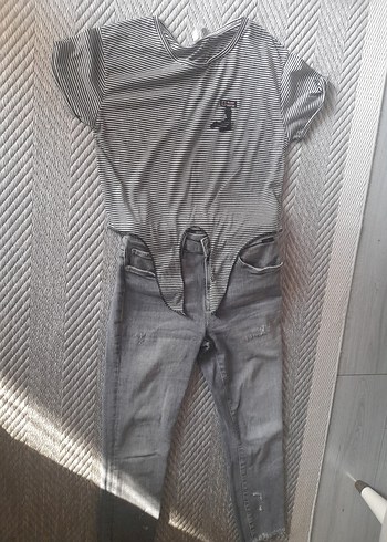 Gri Çizgili midi boyda Tişörtü, Kısa Kollu, Rahat Kesim - Görsel 2