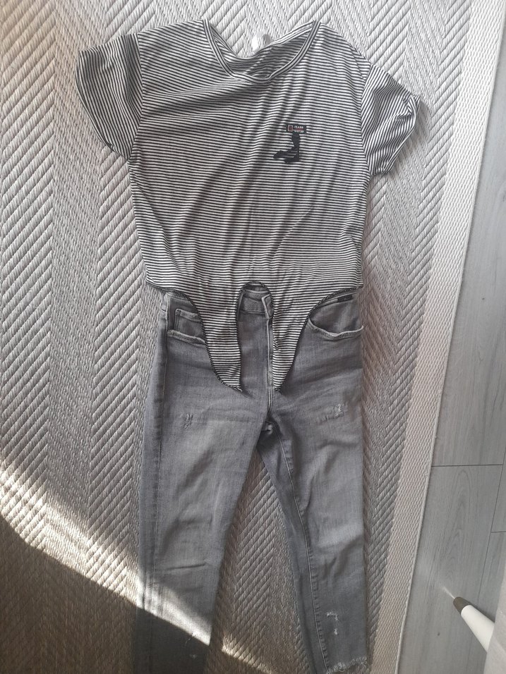 Gri Çizgili midi boyda Tişörtü, Kısa Kollu, Rahat Kesim - Görsel 2