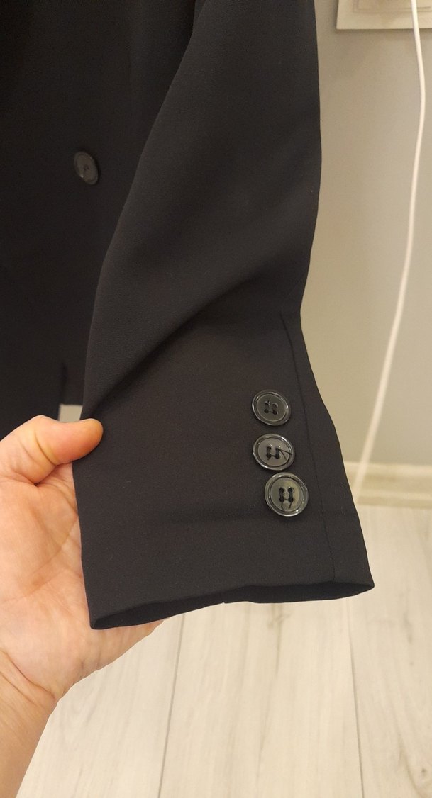 Düğmeli Siyah Midi Kadın Blazer Ceket - Görsel 3