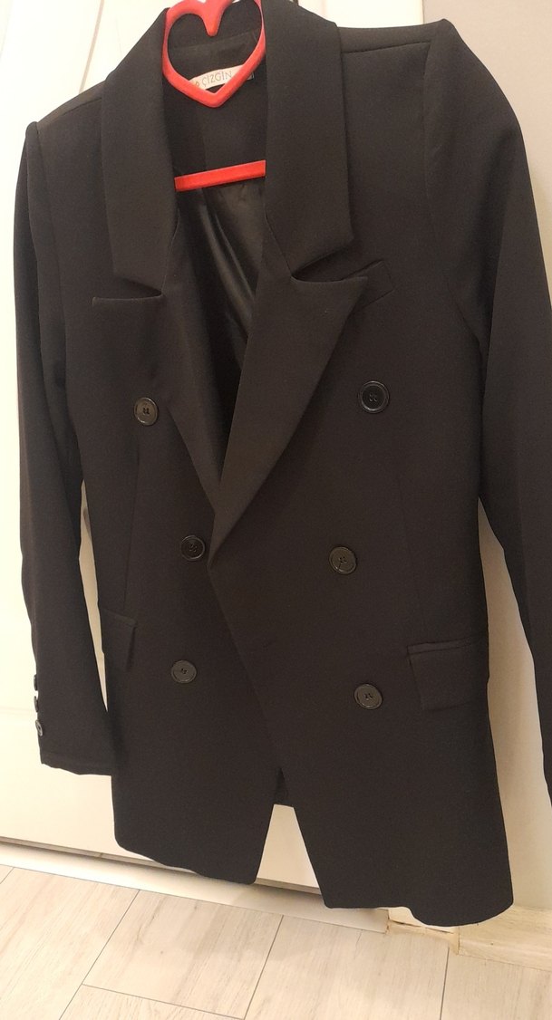 Düğmeli Siyah Midi Kadın Blazer Ceket - Görsel 2